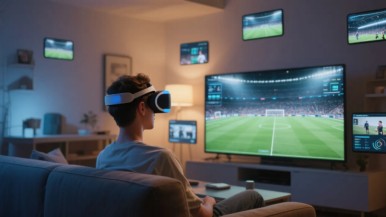 佩戴VR头显在客厅观看足球比赛，画面呈现虚拟看台与多机位界面，未来感